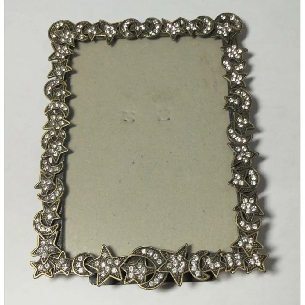 Vtg‎ Crystal Celestial Photo Frame Moon Stars Rhinestones Brass Metal Picture